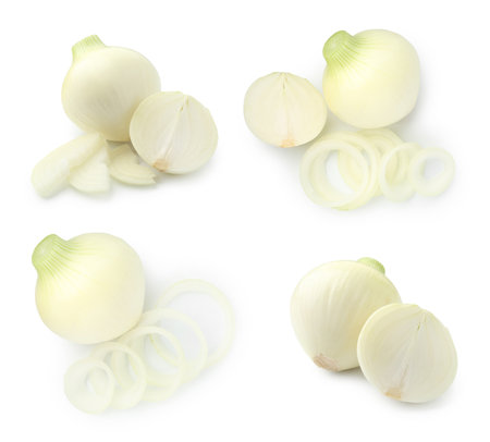 Fresh ripe onions on white background, collageの写真素材