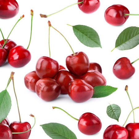 Ripe red cherries and green leaves on white background, collageの写真素材