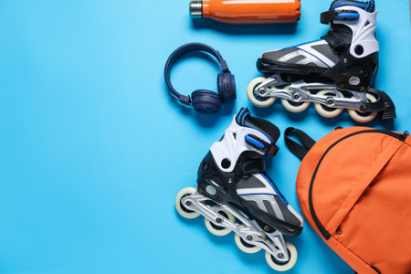 Flat lay composition with roller skates on blue background. Space for textの写真素材