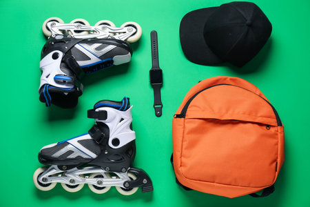 Flat lay composition with roller skates on green backgroundの写真素材