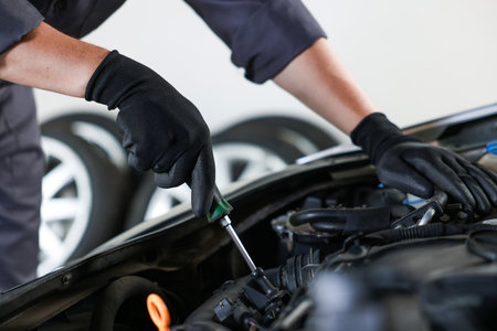 Auto parts. Professional mechanic with screwdriver fixing car indoors, closeupの写真素材