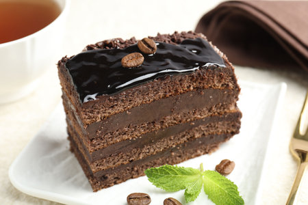 Piece of chocolate cake served with mint on white table, closeup
