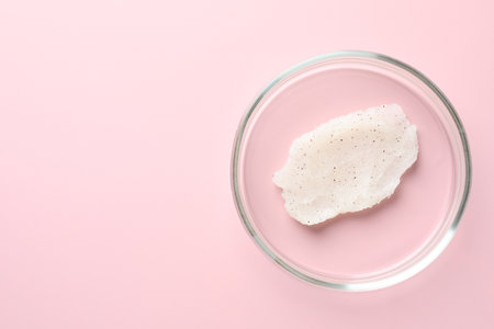Cosmetic product in Petri dish on pink background, top view. Space for textの写真素材