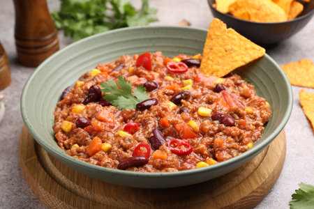 Tasty chili con carne in bowl and nachos on gray table, closeupの写真素材