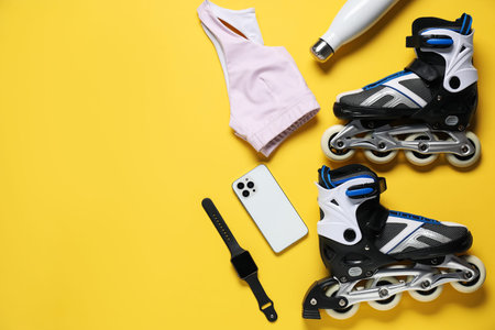 Flat lay composition with roller skates on yellow background. Space for text