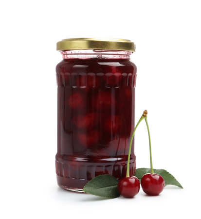 Tasty cherry jam and fresh fruits isolated on whiteの写真素材