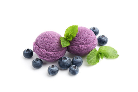 Tasty sorbet with blueberries and mint isolated on white