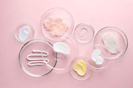 Different cosmetic products in Petri dishes on pink background, flat layの写真素材
