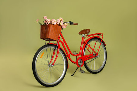 Bicycle with basket of beautiful flowers on green backgroundの写真素材
