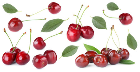 Ripe red cherries and green leaves on white background, collage