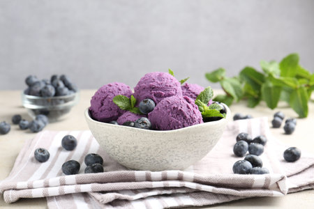 Tasty sorbet with blueberries and mint on light gray table, closeupの写真素材