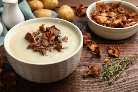 Tasty cream soup with mushrooms and thyme in bowl on wooden table, closeupの写真素材