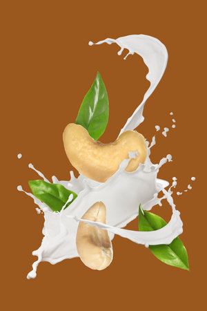 Milk nut splash, cashews and green leaves against brown backgroundの写真素材