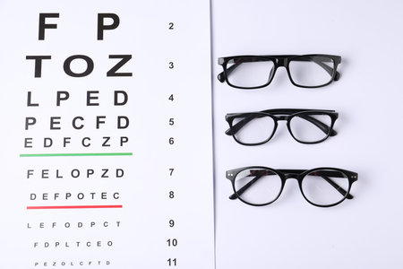 Vision test chart and glasses on white background, flat lay