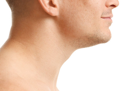 Closeup view of man on white backgroundの写真素材