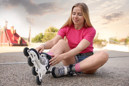 Happy woman putting on roller skates outdoors