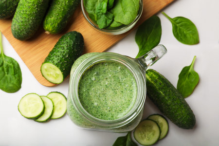 Tasty smoothie in mason jar, spinach leaves and cucumber on white table, flat layの写真素材