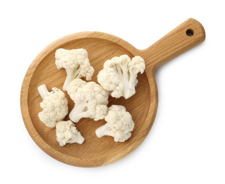 Fresh raw cauliflower florets isolated on white, top viewの写真素材