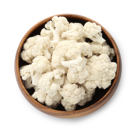 Fresh cauliflower florets in bowl isolated on white, above viewの写真素材