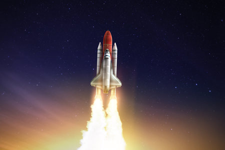 Modern space rocket in beautiful starry skyの写真素材