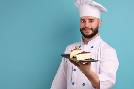Happy confectioner in uniform holding pieces of delicious cheesecake on light blue backgroundの写真素材