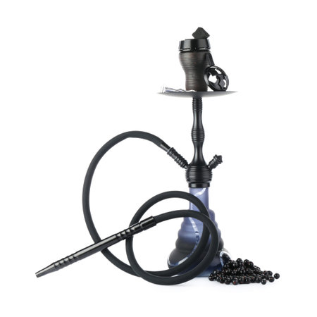 Dark traditional hookah and black currents isolated on white