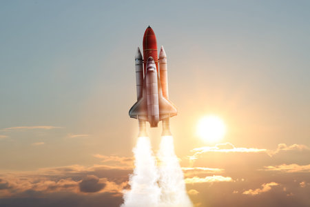 Modern launched space rocket in beautiful sky
