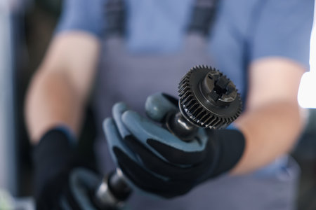 Auto part. Professional mechanic with camshaft indoors, selective focus
