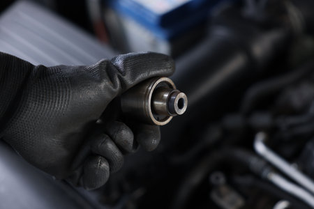 Auto part. Professional mechanic with bearings near open hood of car indoors, closeup. Space for...