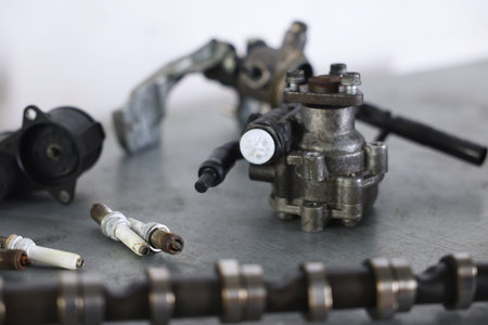 Different auto parts on gray table indoors, closeup