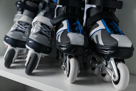 Pairs of roller skates in shelving unit, closeup