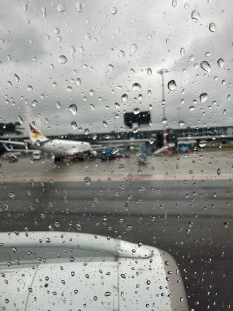 View on airport through plane window with raindropsのeditorial素材