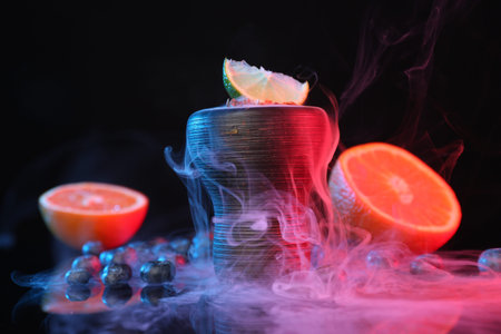 Hookah bowl with smoke and fruits on black table in neon lights, closeup