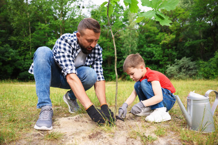 Father and his son planting tree into soil outdoorsの写真素材