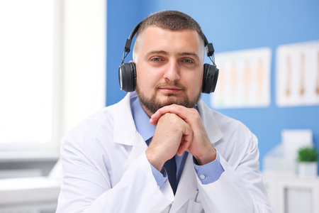 Doctor in headphones having online consultation indoorsの写真素材