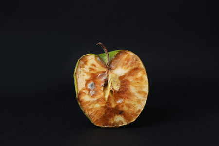 Half of spoiled apple on black background