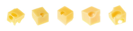 Cubes of fresh cheese on white background, set