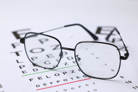 Glasses on vision test charts as background, closeup