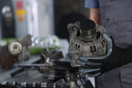 Auto parts. Professional mechanic with alternator near indoors, closeup. Space for text