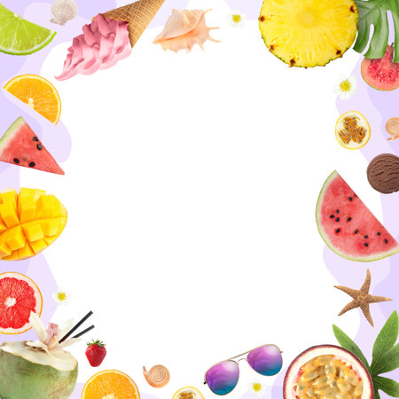 Summer vibe card or party invitation with space for text. Frame of different fruits on color backgroundの写真素材