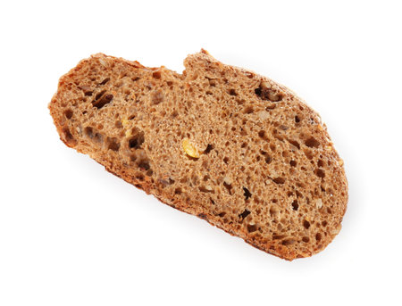 Slice of rye bread isolated on white, top view
