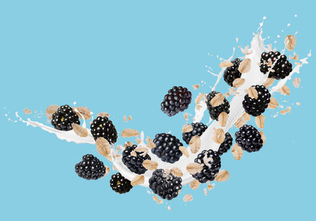 Oat flakes with fresh blackberries and milk splash flying on light blue background