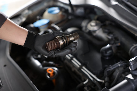Auto part. Professional mechanic with drive shaft near open hood of car indoors, closeup. Space for...