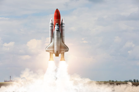 Launch of modern space rocket in field outdoors