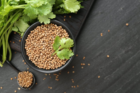 Coriander seeds in bowl, spoon and fresh cilantro leaves on dark textured table, flat lay. Space for...