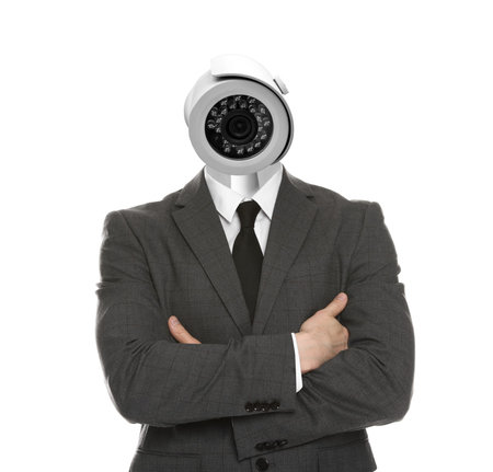 Businessman with CCTV camera instead of his head on white backgroundの写真素材