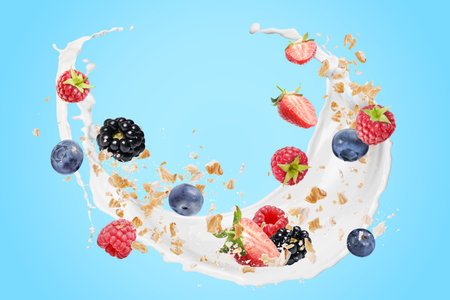 Oat flakes with fresh berries and milk splash flying on light blue background