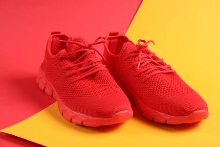 Pair of red sneakers on color background, closeupの写真素材