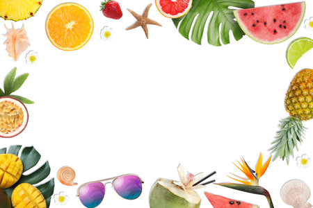 Summer vibe card or party invitation with space for text. Frame of different fruits on white...