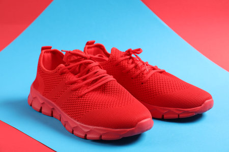 Pair of red sneakers on color background, closeupの写真素材